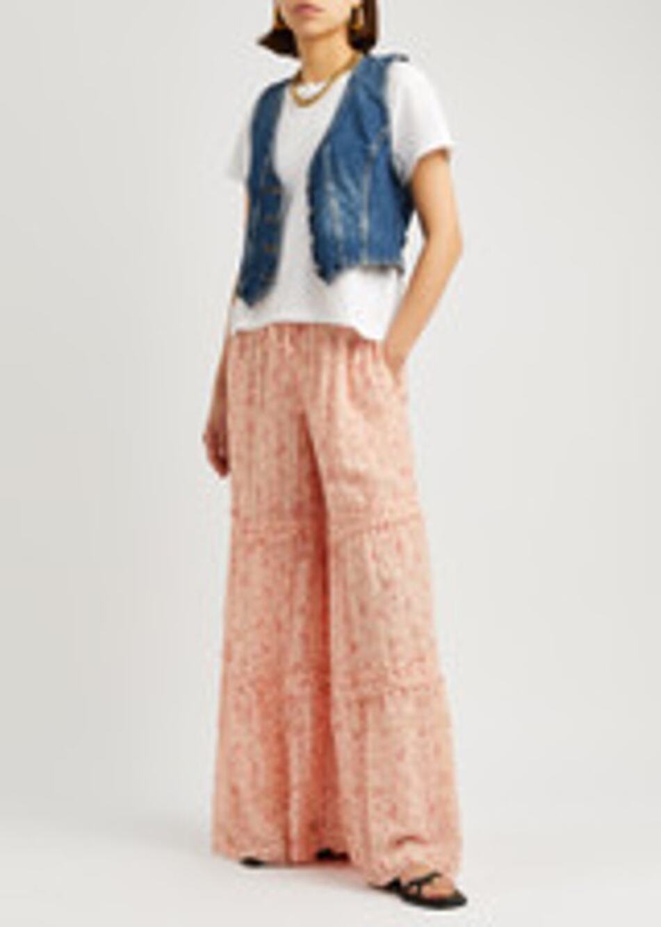Free People Emmaline Tiered Floral Pull-On Pants Pant Peach Combo Size L